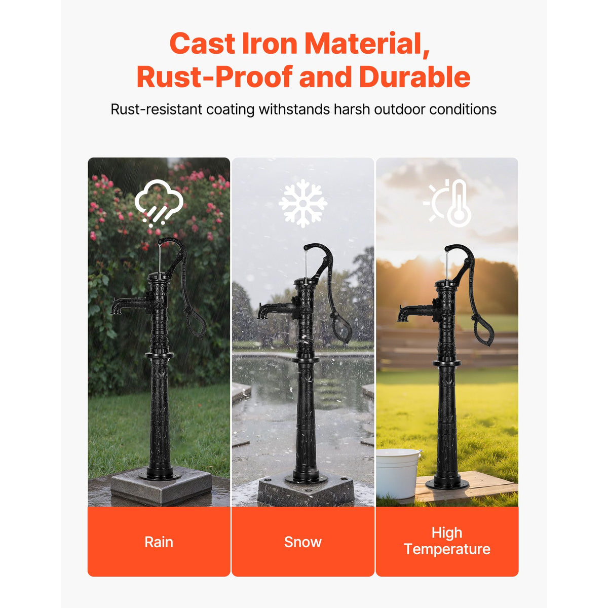 Well Hand Pitcher Pump, 20 ft Max Lift, Antique Cast Iron Manual Hand Water Pump with Heightening Base, NPT 1-1/4 in Connection, Easy Installation, for Outdoor Garden, Pond, Yard, Farm, Black