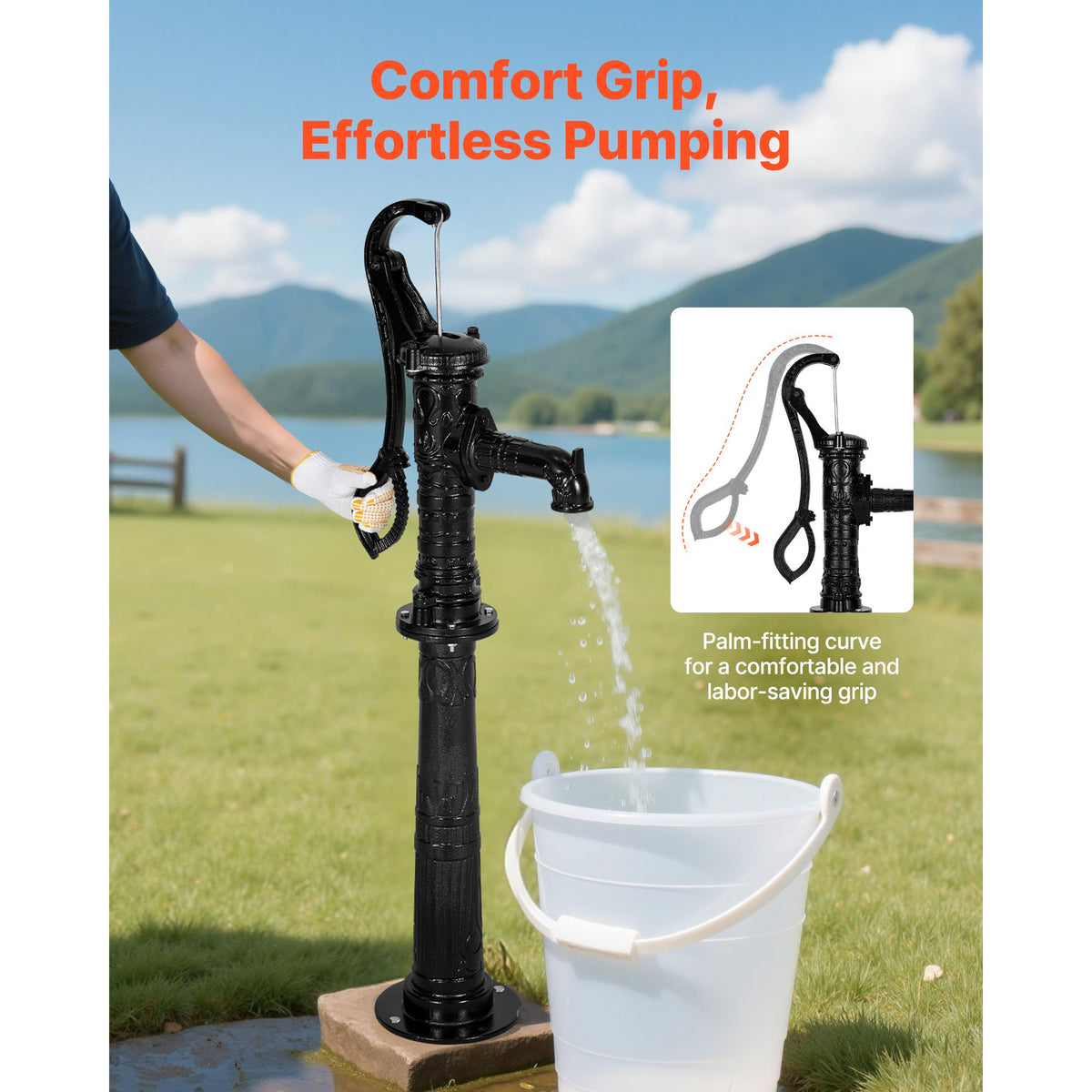 Well Hand Pitcher Pump, 20 ft Max Lift, Antique Cast Iron Manual Hand Water Pump with Heightening Base, NPT 1-1/4 in Connection, Easy Installation, for Outdoor Garden, Pond, Yard, Farm, Black