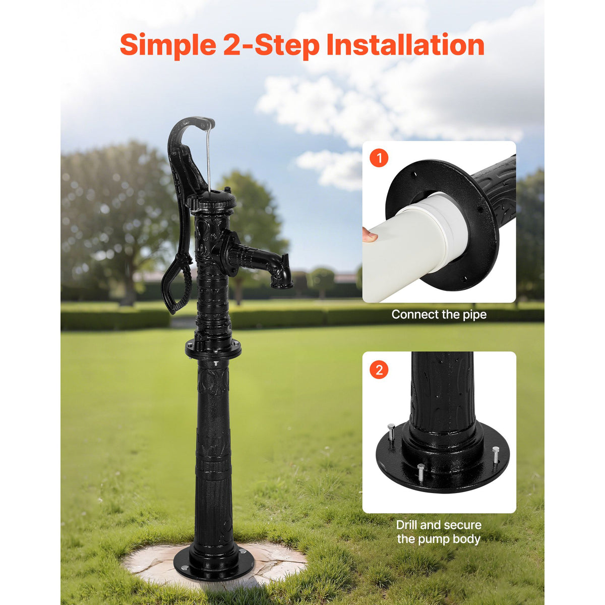 Well Hand Pitcher Pump, 20 ft Max Lift, Antique Cast Iron Manual Hand Water Pump with Heightening Base, NPT 1-1/4 in Connection, Easy Installation, for Outdoor Garden, Pond, Yard, Farm, Black