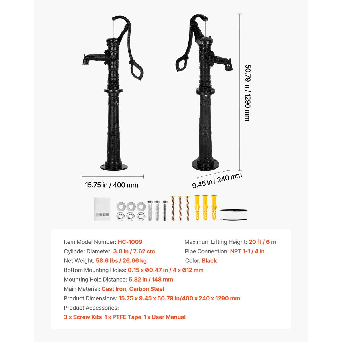 Well Hand Pitcher Pump, 20 ft Max Lift, Antique Cast Iron Manual Hand Water Pump with Heightening Base, NPT 1-1/4 in Connection, Easy Installation, for Outdoor Garden, Pond, Yard, Farm, Black