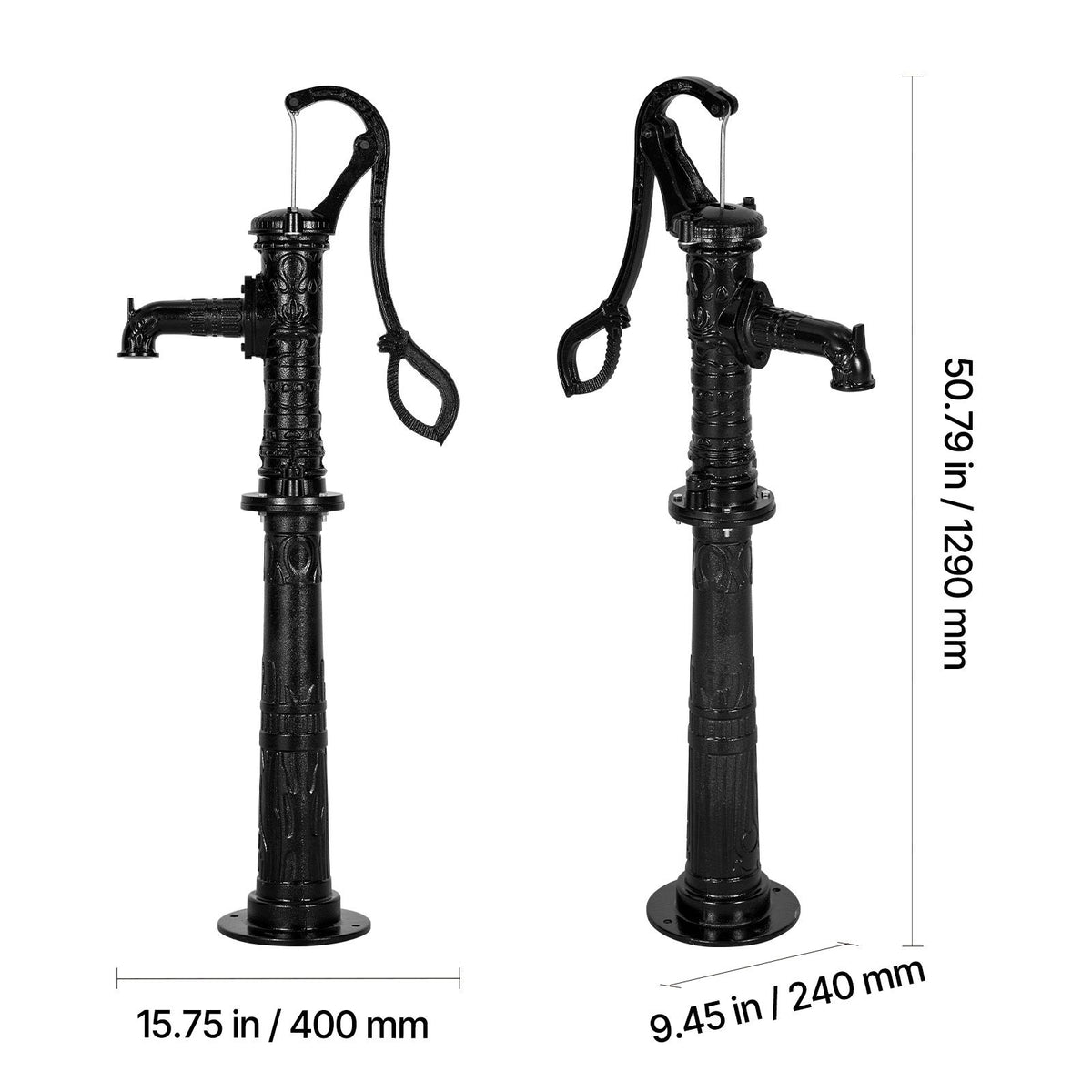Well Hand Pitcher Pump, 20 ft Max Lift, Antique Cast Iron Manual Hand Water Pump with Heightening Base, NPT 1-1/4 in Connection, Easy Installation, for Outdoor Garden, Pond, Yard, Farm, Black