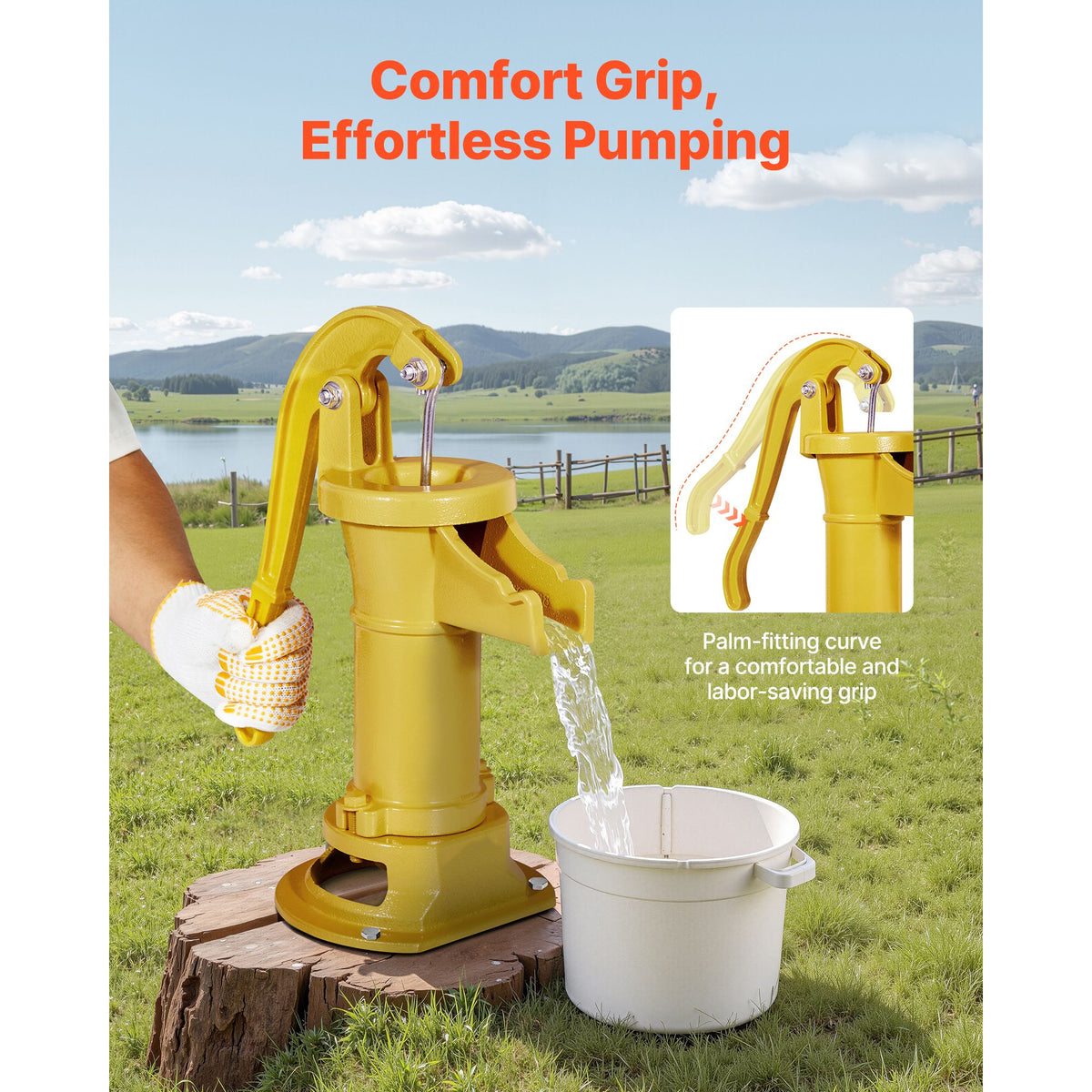 Well Hand Pitcher Pump, 25 ft Maximum Lift, Antique Cast Iron Manual Hand Water Pump, NPT 1-1/4 in Connection, Easy Installation, Old Fashioned for Outdoor Garden, Pond, Backyard, Farm, Yellow