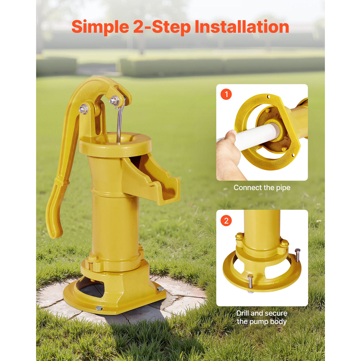 Well Hand Pitcher Pump, 25 ft Maximum Lift, Antique Cast Iron Manual Hand Water Pump, NPT 1-1/4 in Connection, Easy Installation, Old Fashioned for Outdoor Garden, Pond, Backyard, Farm, Yellow