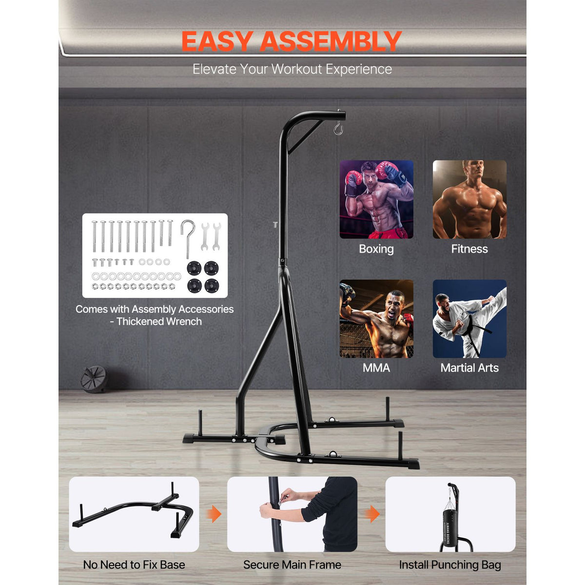 Punching Bag Stand, Steel Heavy Duty Workout Equipment, Boxing Punching Bag Stand, Holds Up to 140 lbs, Freestanding Sandbag Rack with Weighted Base, Training Equipment for Home Gym Fitness