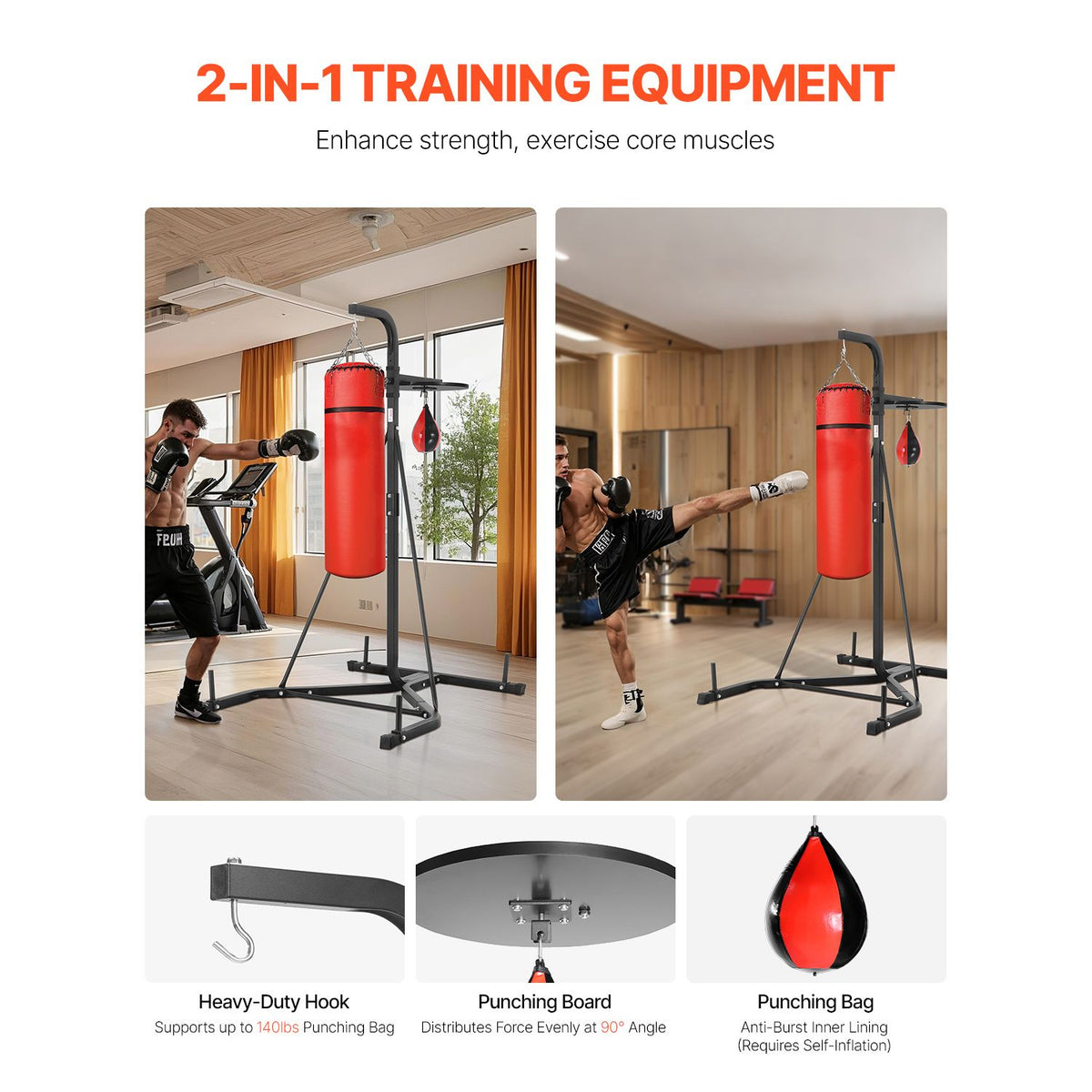 2 in 1 Punching Bag Stand, Steel Heavy Duty Workout Equipment, Adjustable Height Boxing Punching Bag and Speed Bag Stand, Freestanding Sandbag Rack, Holds Up to 140 lbs, for Home Gym Fitness