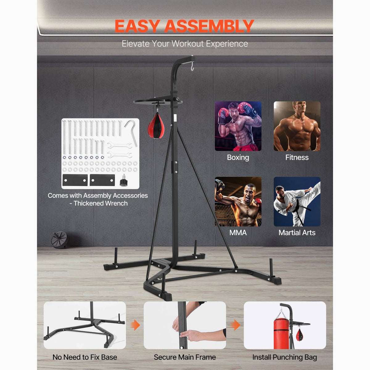 2 in 1 Punching Bag Stand, Steel Heavy Duty Workout Equipment, Adjustable Height Boxing Punching Bag and Speed Bag Stand, Freestanding Sandbag Rack, Holds Up to 140 lbs, for Home Gym Fitness