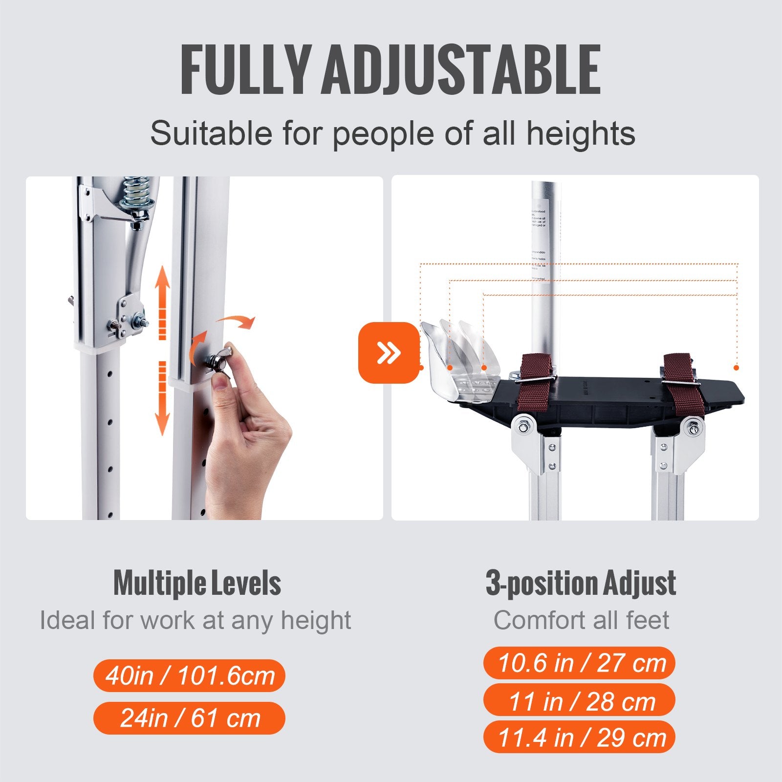 Door Hardware: VEVOR Drywall Stilts, 24''-40'' Adjustable Aluminum Tool Stilts with Protective Knee Pads, Durable and Non-Slip Work Stilts for Sheetrock Painting, Walking, Taping, Silver
