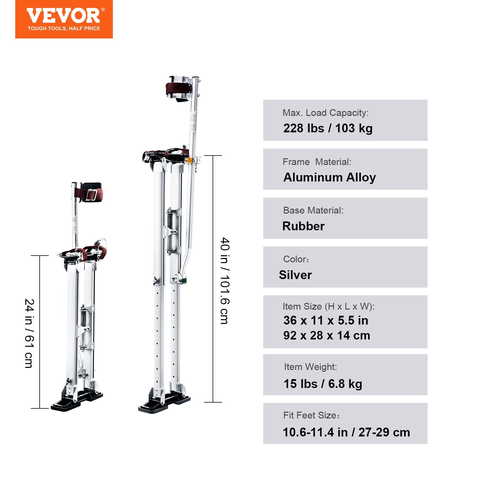 Door Hardware: VEVOR Drywall Stilts, 24''-40'' Adjustable Aluminum Tool Stilts with Protective Knee Pads, Durable and Non-Slip Work Stilts for Sheetrock Painting, Walking, Taping, Silver