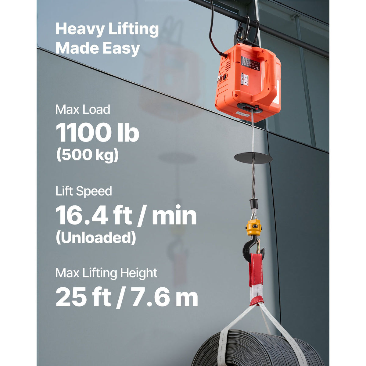 3-in-1 Electric Hoist Winch, 500 kg Capacity, 1500W Portable Electric Power Winch, 7.6 m Lifting Height, 5 m/min with Manual, Wired & Wireless Remote Control for Factory, Warehouss, Garage