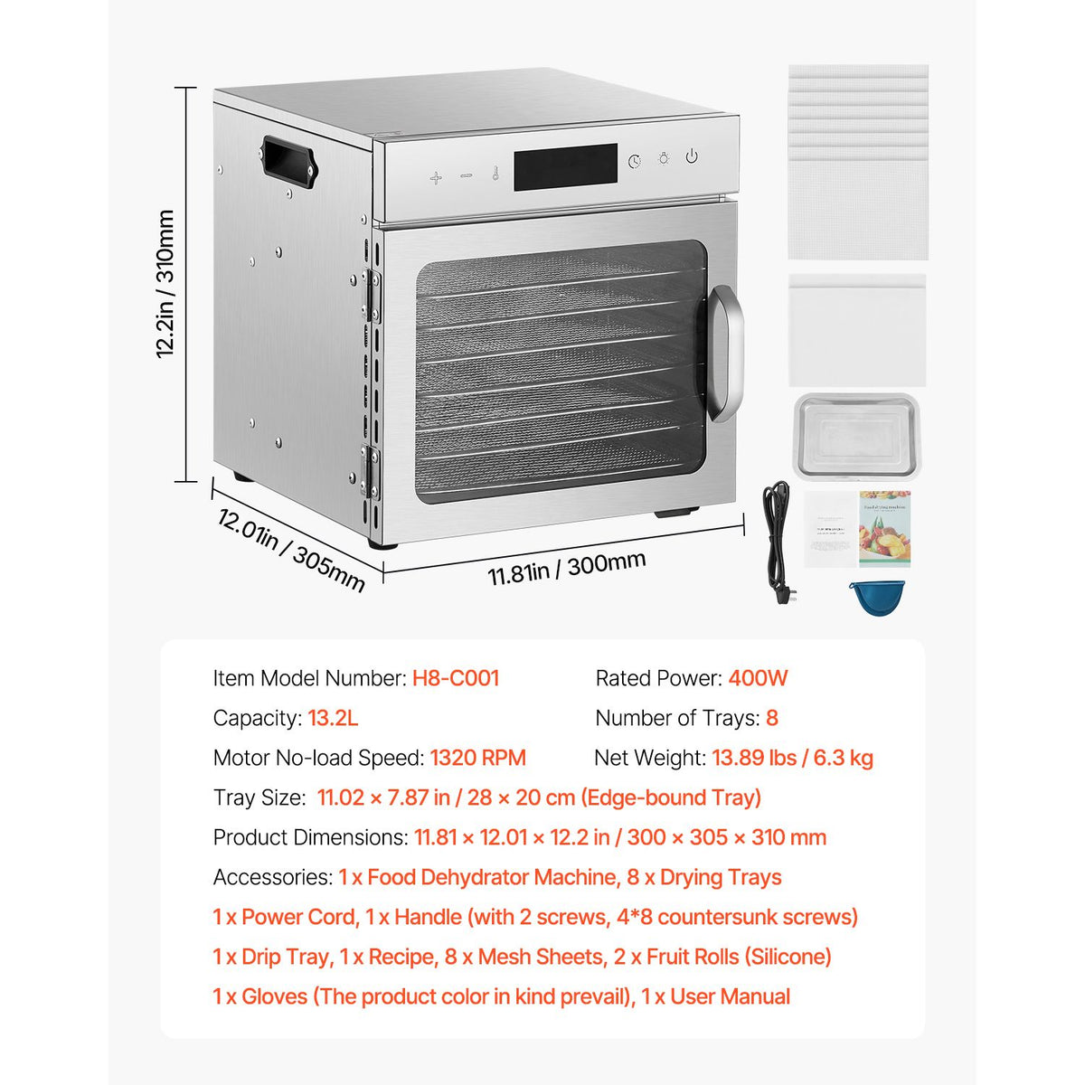 Food Dehydrator Machine, 8 Stainless Steel Trays, 400W Electric Food Dryer with Adjustable Temperature & 24-Hour Timer, Freeze Dryer for Jerky, Meat, Fruit, Vegetables, Herbs, Dog Treats