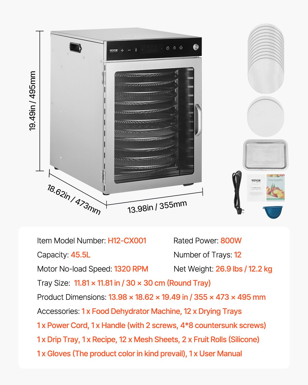 Food Dehydrators: VEVOR 12 Trays Rotary Food Dehydrator Machine Stainless Steel 800W Fruit Drying