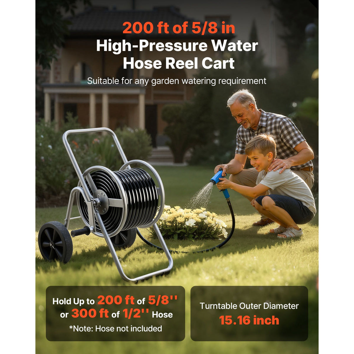 Water Hose Reel Cart, 6096/9144 cm High-Pressure Garden Hose Cart, Hoses Reel Carts with Two Wheels, Handle & Heavy-Duty Mesh Storage Basket, Portable Hoses Reels for Garden, Car, Pet Washing