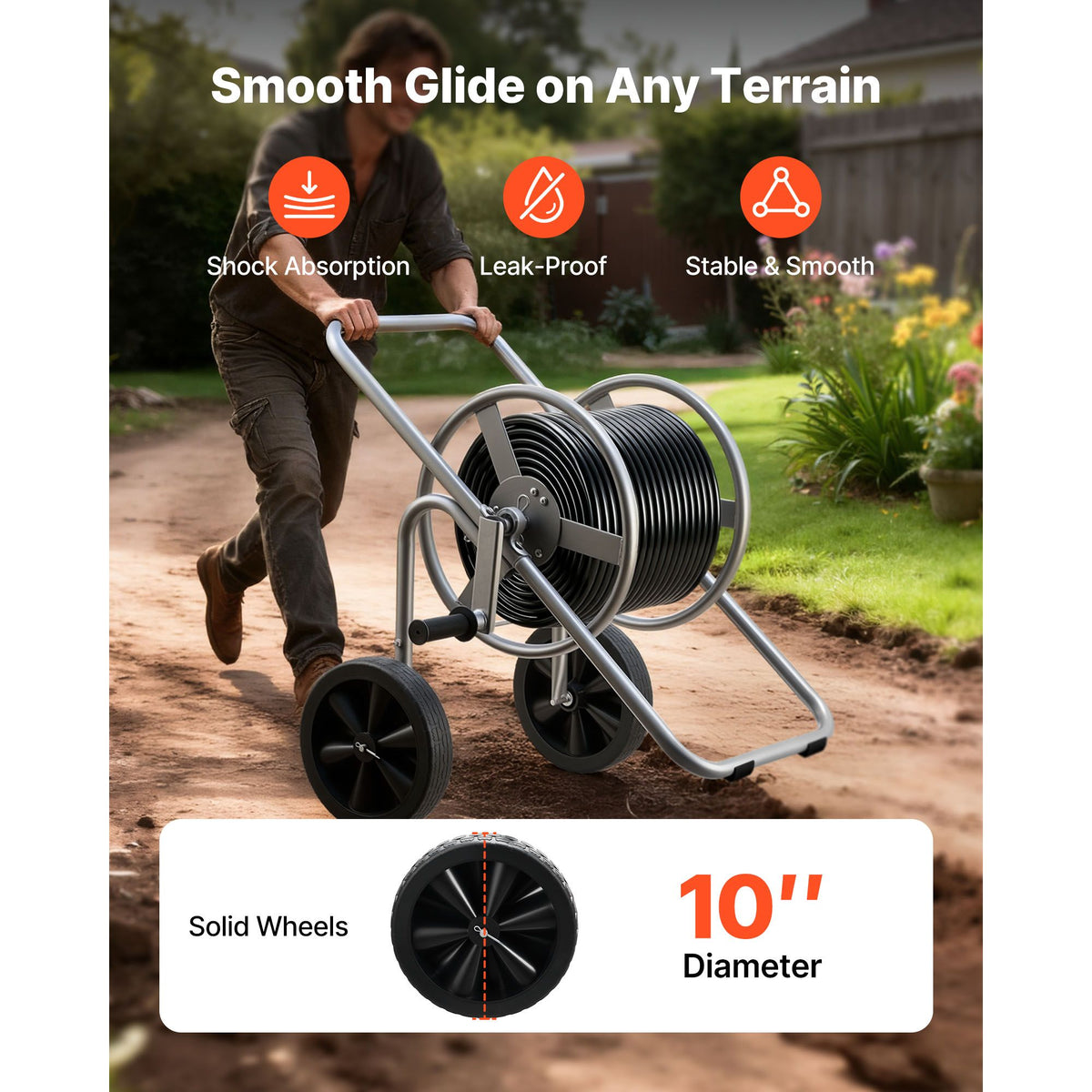 Water Hose Reel Cart, 6096/9144 cm High-Pressure Garden Hose Cart, Hoses Reel Carts with Two Wheels, Handle & Heavy-Duty Mesh Storage Basket, Portable Hoses Reels for Garden, Car, Pet Washing