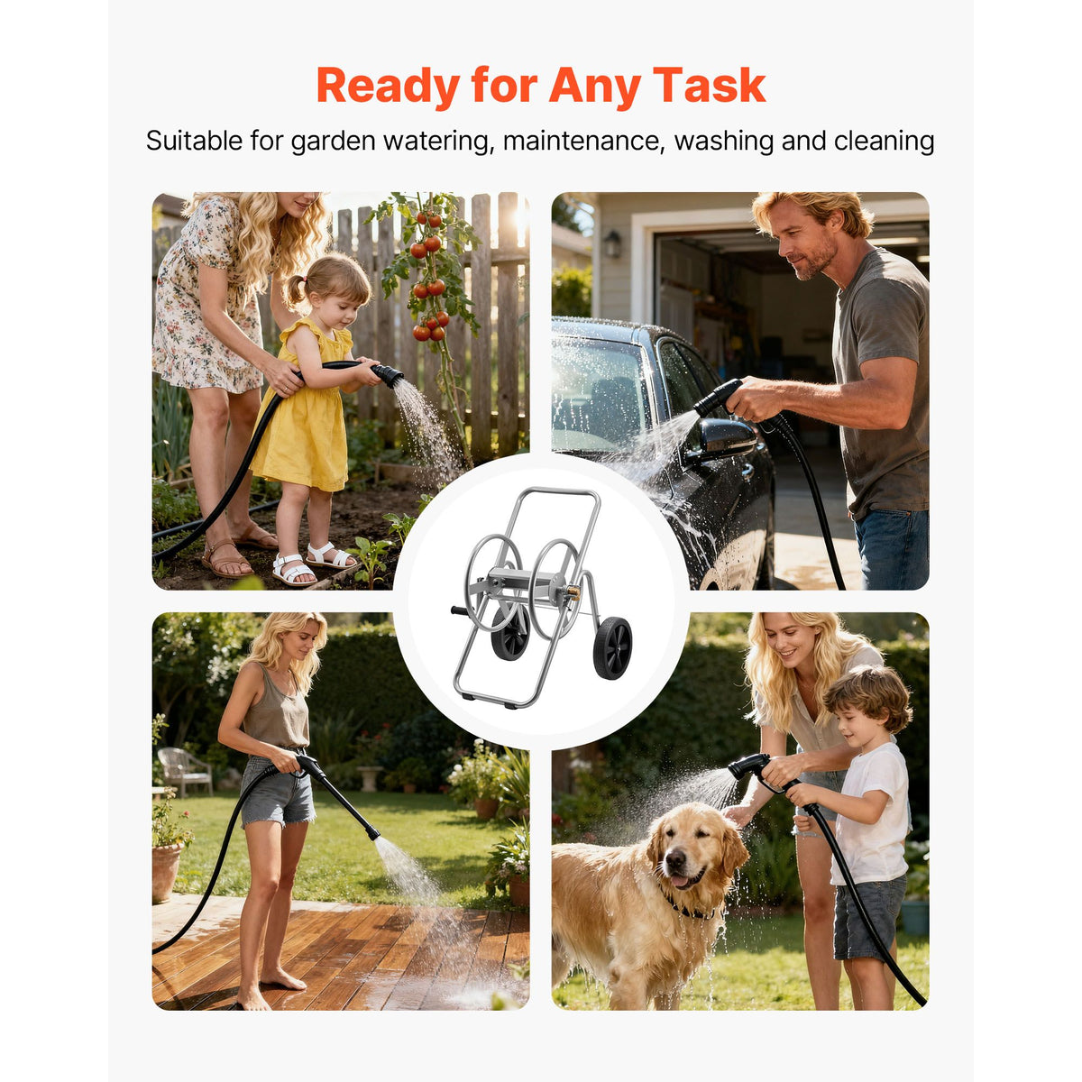 Water Hose Reel Cart, 6096/9144 cm High-Pressure Garden Hose Cart, Hoses Reel Carts with Two Wheels, Handle & Heavy-Duty Mesh Storage Basket, Portable Hoses Reels for Garden, Car, Pet Washing