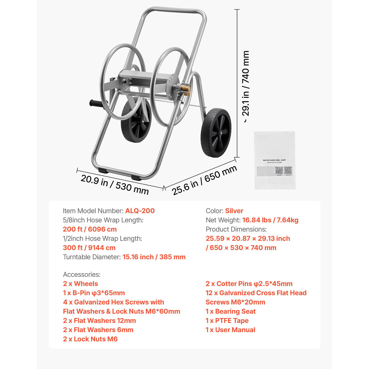 Water Hose Reel Cart, 6096/9144 cm High-Pressure Garden Hose Cart, Hoses Reel Carts with Two Wheels, Handle & Heavy-Duty Mesh Storage Basket, Portable Hoses Reels for Garden, Car, Pet Washing