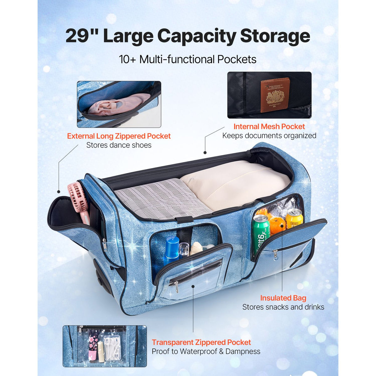 Dance Bag with Garment Rack, 736.6 mm Rolling Dance Duffel, with Wheels, USB Port, Height Adjustable Clothes Rack, Privacy Protection Curtain, Ideal for Travel and Competitions, Sparkling Blue