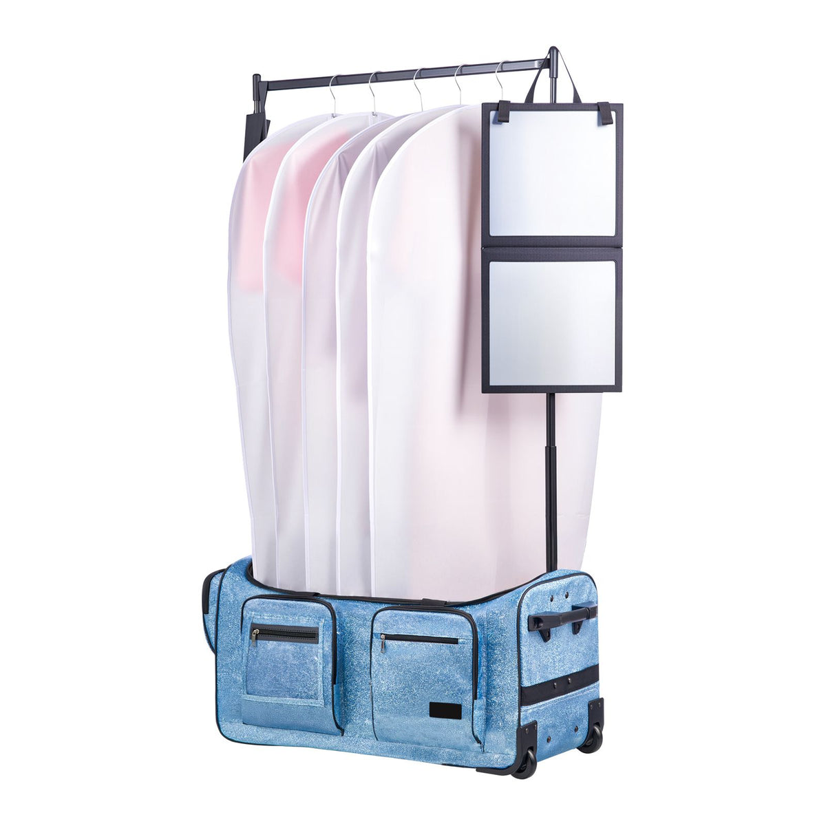 Dance Bag with Garment Rack, 736.6 mm Rolling Dance Duffel, with Wheels, USB Port, Height Adjustable Clothes Rack, Privacy Protection Curtain, Ideal for Travel and Competitions, Sparkling Blue