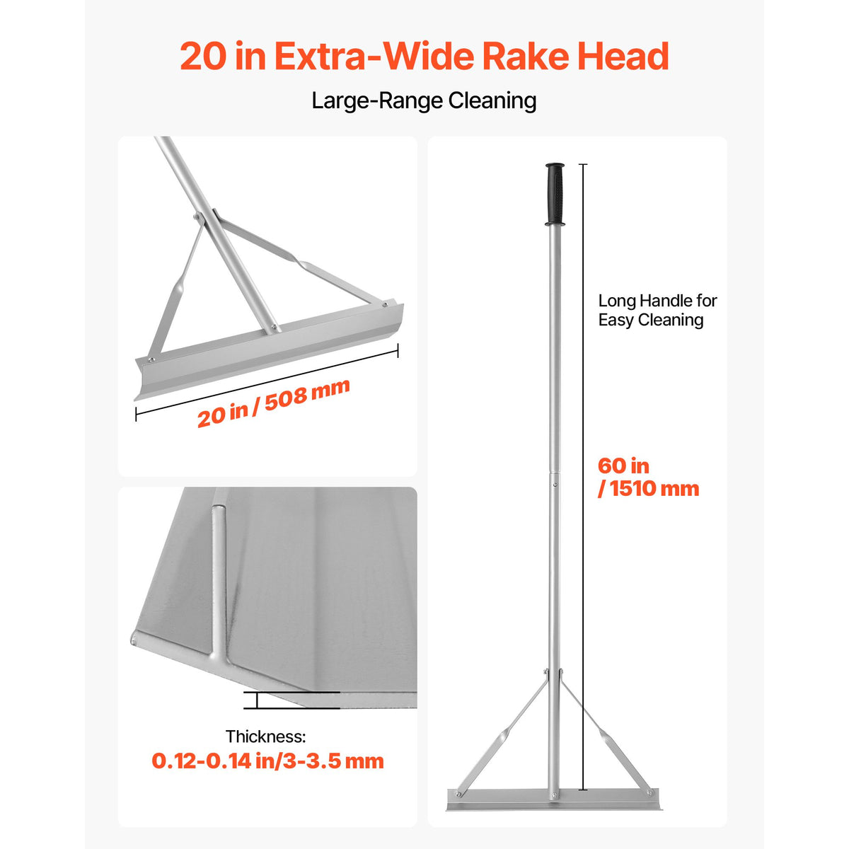 Landscape Rake, 1510 mm Handle 508 mm Wide Head, Large Heavy Duty Aluminum Landscaping Level, Asphalt Rake Tool for Asphalt & Land Leveling, Concrete Paving, Sand Flattening, No Teeth