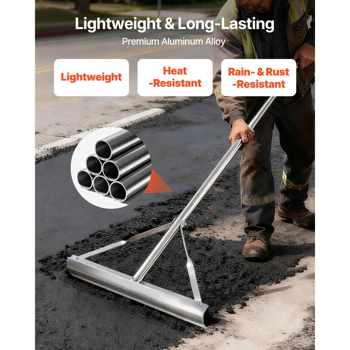 Landscape Rake, 1510 mm Handle 508 mm Wide Head, Large Heavy Duty Aluminum Landscaping Level, Asphalt Rake Tool for Asphalt & Land Leveling, Concrete Paving, Sand Flattening, No Teeth