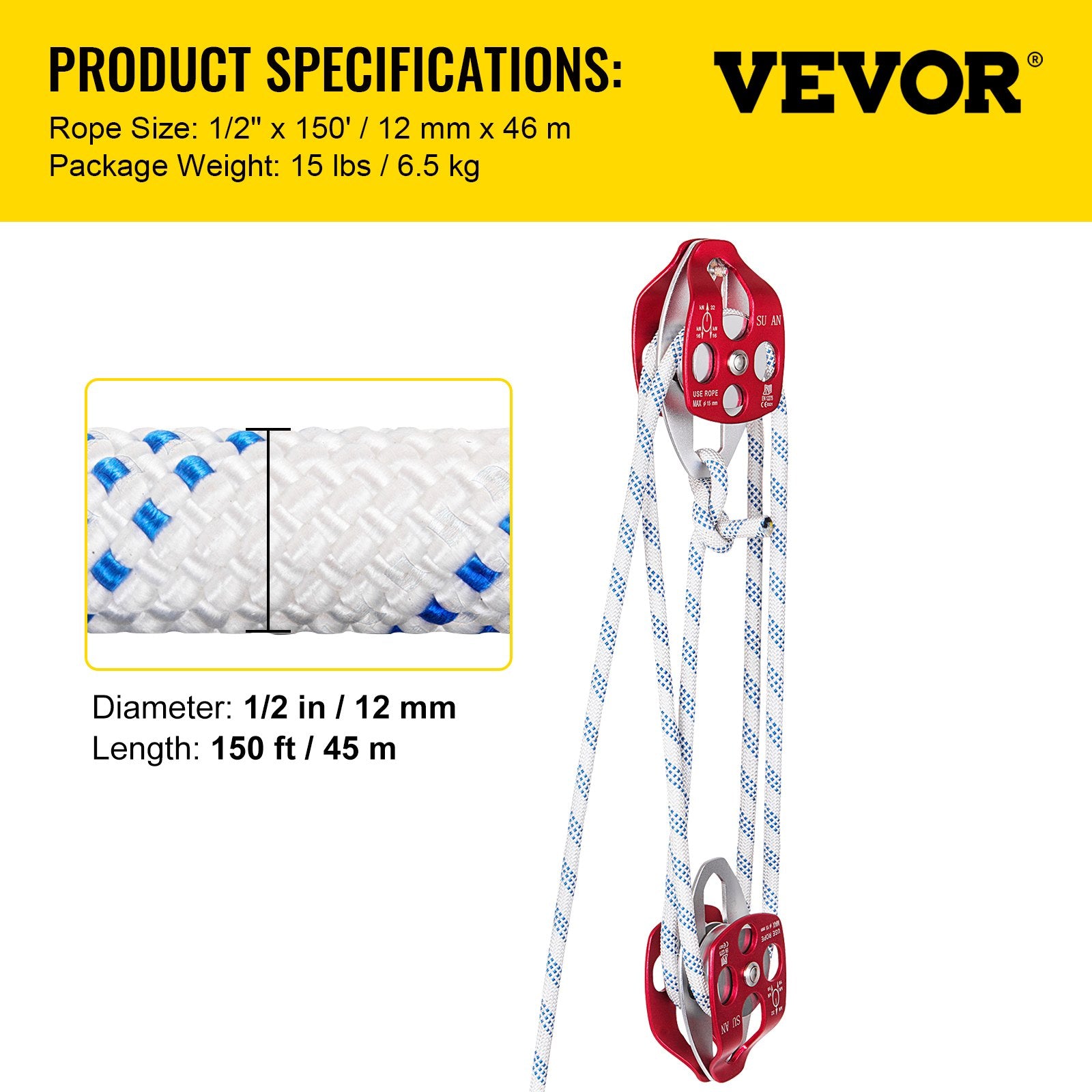 Chainsaws: VEVOR Twin Sheave Block and Tackle 1.02-1.27cm 3048-6096cm Twin Sheave Block with Braid Rope 2993.71-3494.93kgs Double Pulley Rigging