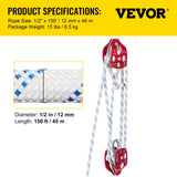 Chainsaws: VEVOR Twin Sheave Block and Tackle 1.02-1.27cm 3048-6096cm Twin Sheave Block with Braid Rope 2993.71-3494.93kgs Double Pulley Rigging