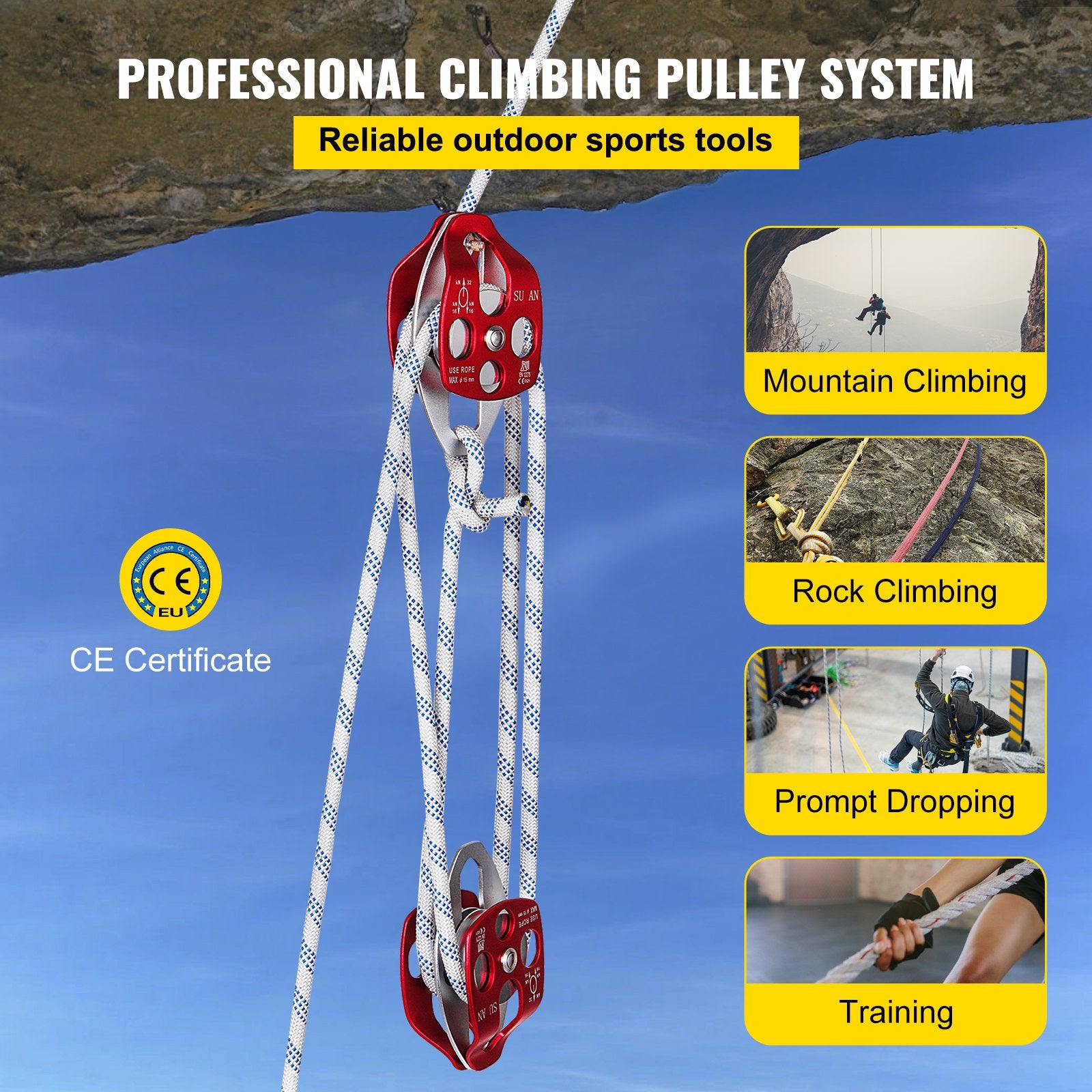 Chainsaws: VEVOR Twin Sheave Block and Tackle 1.09-1.27cm 3048-6096cm Twin Sheave Block with Braid Rope 30-35KN 2994-3495KGS Double Pulley Rigging (1/2" x 200')