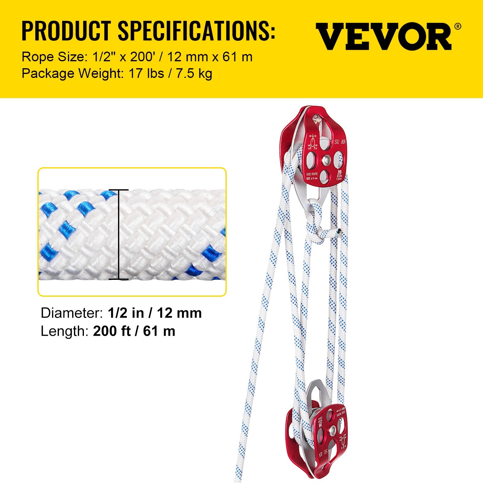 Chainsaws: VEVOR Twin Sheave Block and Tackle 1.09-1.27cm 3048-6096cm Twin Sheave Block with Braid Rope 30-35KN 2994-3495KGS Double Pulley Rigging (1/2" x 200')