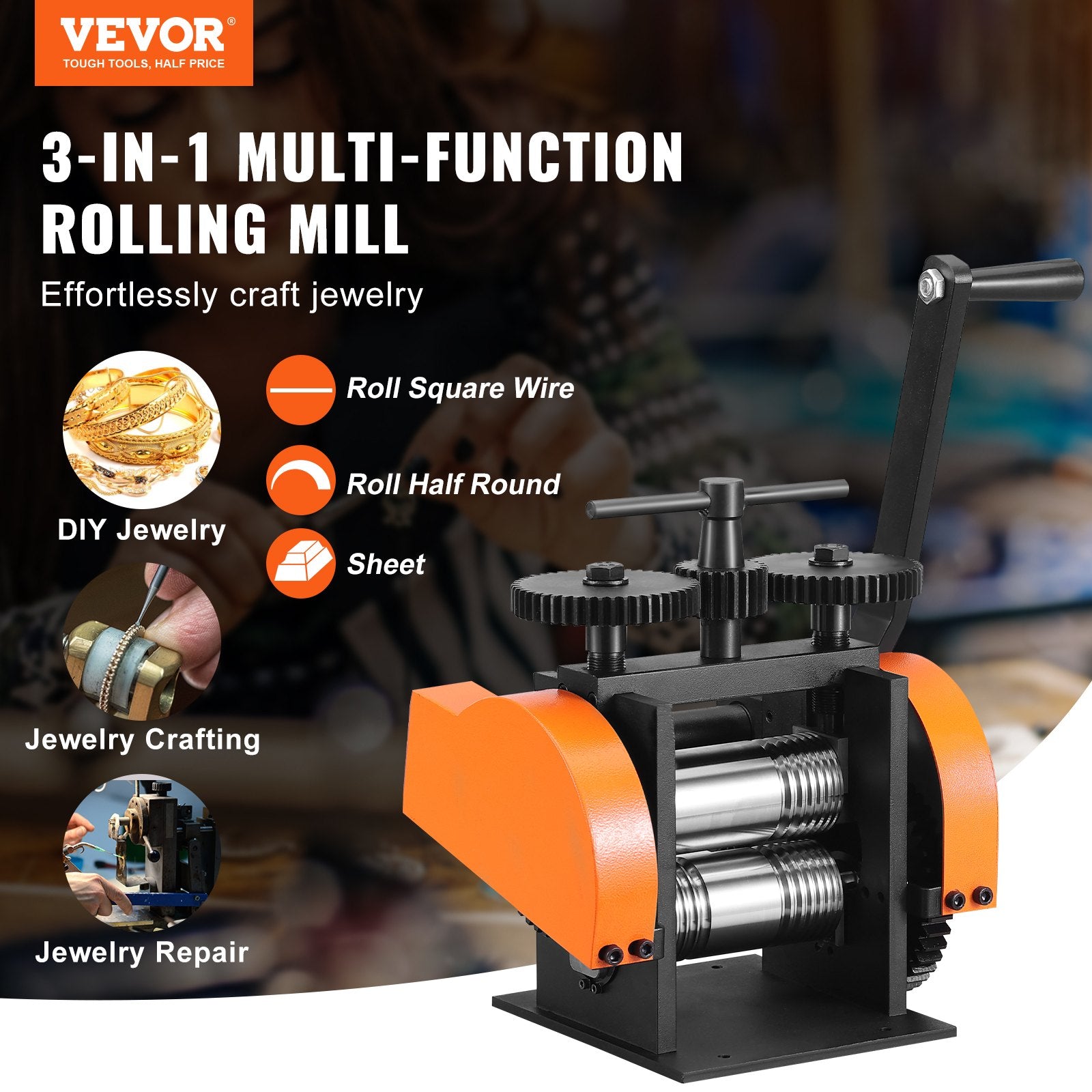 Saw Accessories: VEVOR Rolling Mill, 1.77"/45 mm Jewelry Rolling Mill Machine, 1: 2.4 Gear Ratio, 3-in-1 Multi-function Rolling Mill, 0-6 mm Press Thickness for Metal Jewelry Making Sheet Square Wire Semicircle