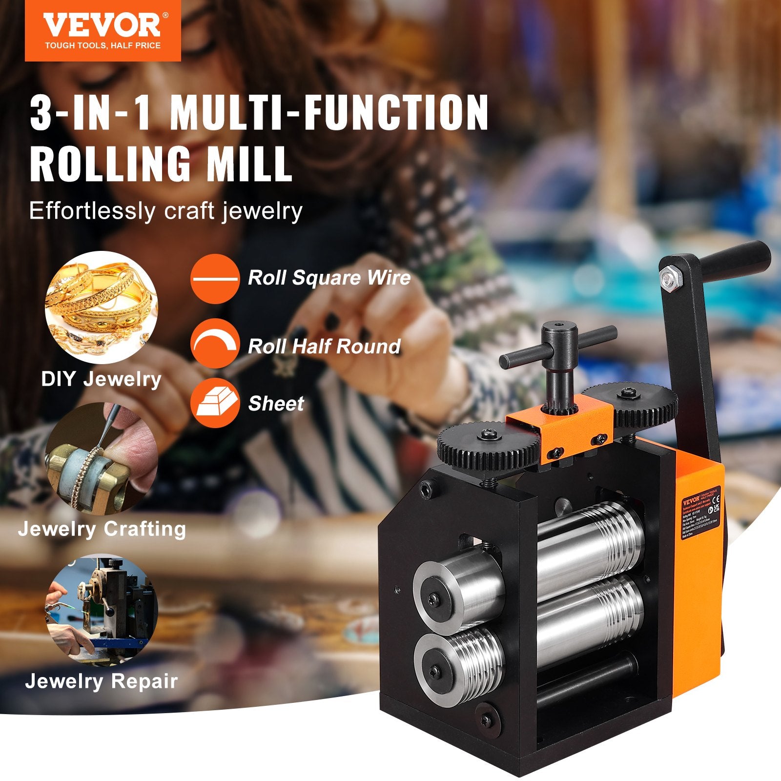 Gardening Tools: VEVOR Rolling Mill, 2.95"/75 mm Jewelry Rolling Mill Machine, 1: 2 Gear Ratio, 3-in-1 Multi-function Rolling Mill, 0.03-6.5mm Press Thickness for Metal Jewelry Making Sheet Square Wire Semicircle