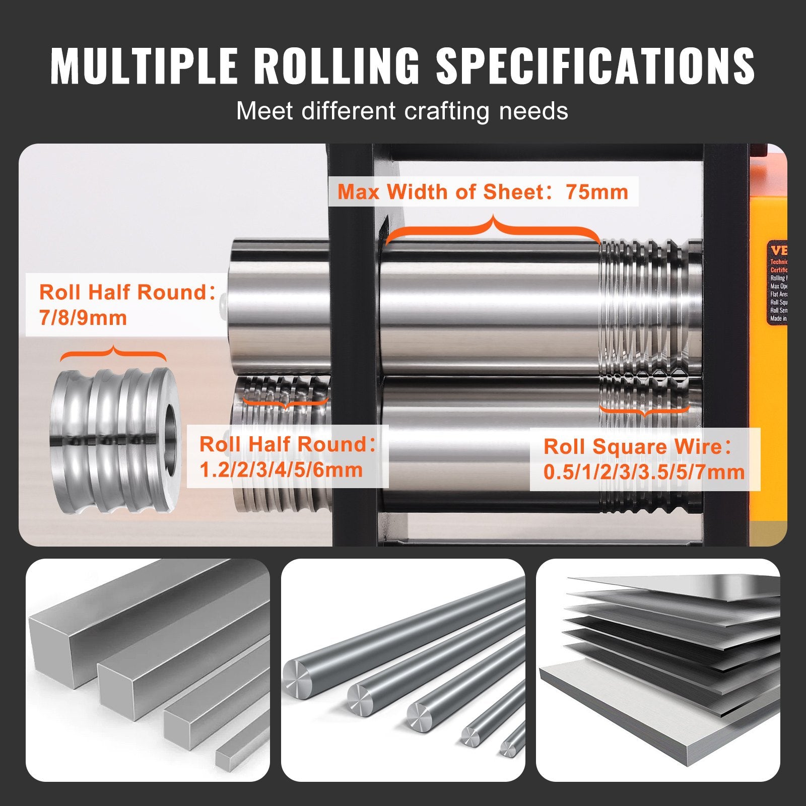 Gardening Tools: VEVOR Rolling Mill, 2.95"/75 mm Jewelry Rolling Mill Machine, 1: 2 Gear Ratio, 3-in-1 Multi-function Rolling Mill, 0.03-6.5mm Press Thickness for Metal Jewelry Making Sheet Square Wire Semicircle
