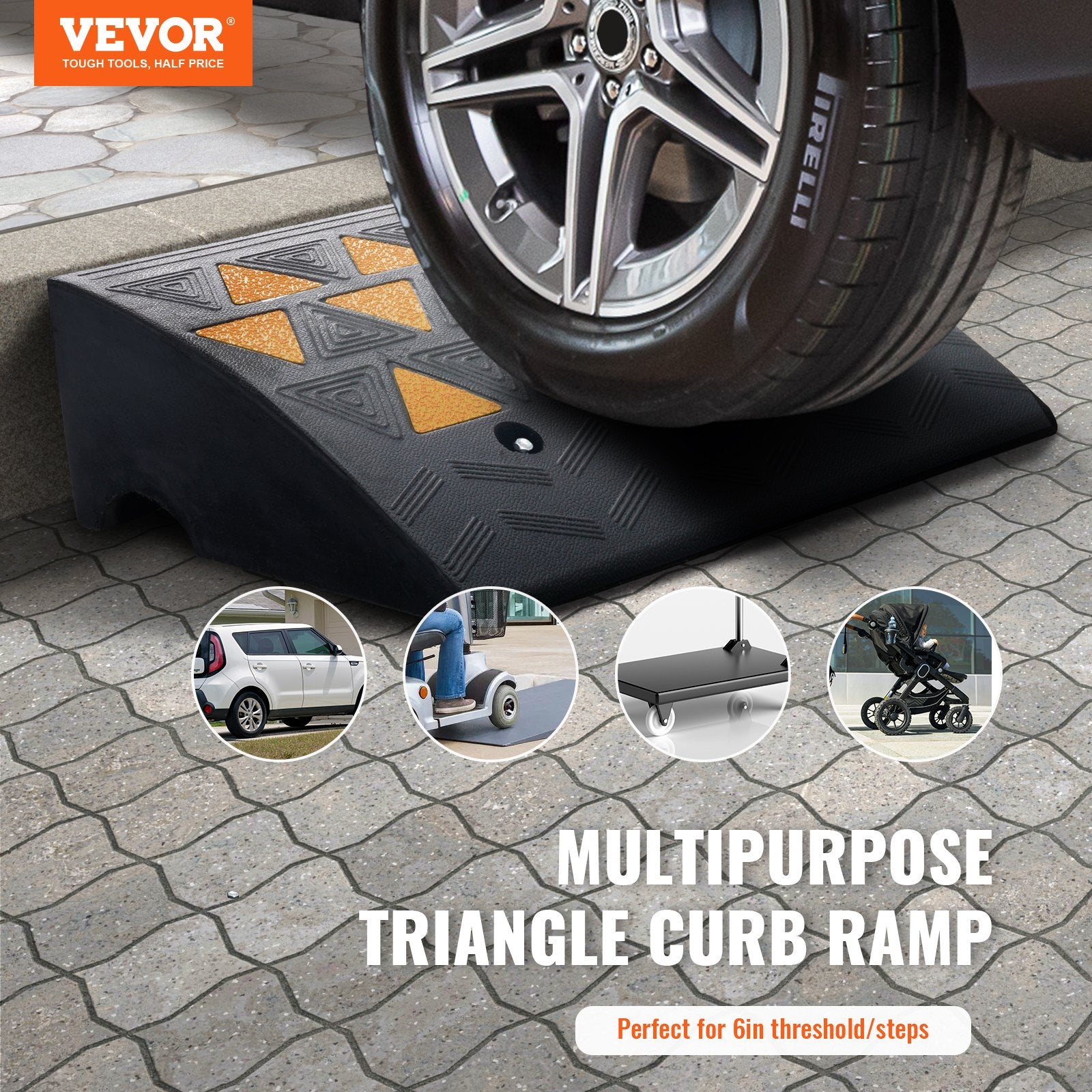 Traffic Control & Parking Tools: VEVOR Rubber Curb Ramp 15.2 cm Rise Height Sidewalk Curb Ramp, 37 cm Width 49.1 cm Length Driveway Ramp for Curb, 15T Heavy Duty Rubber Ramp for Forklifts, Trucks, Buses, Cars, Wheelchairs, Bikes