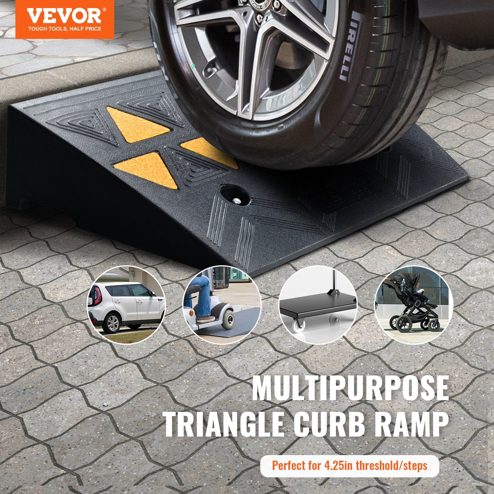 Traffic Control & Parking Tools: VEVOR Rubber Curb Ramp 10.8 cm Rise Height Sidewalk Curb Ramp, 30 cm Width 50 cm Length Driveway Ramp for Curb, 15T Heavy Duty Rubber Ramp for Forklifts, Trucks, Buses, Cars, Wheelchairs, Bikes