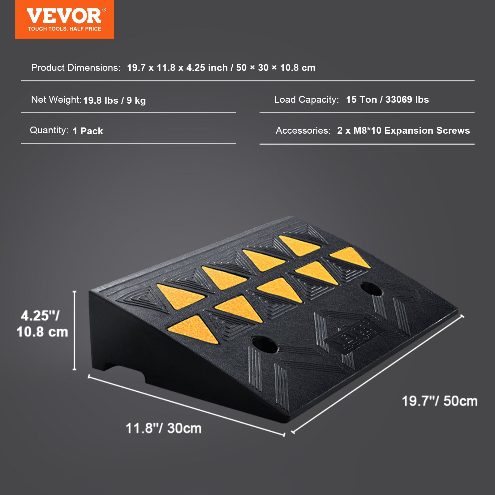 Traffic Control & Parking Tools: VEVOR Rubber Curb Ramp 10.8 cm Rise Height Sidewalk Curb Ramp, 30 cm Width 50 cm Length Driveway Ramp for Curb, 15T Heavy Duty Rubber Ramp for Forklifts, Trucks, Buses, Cars, Wheelchairs, Bikes