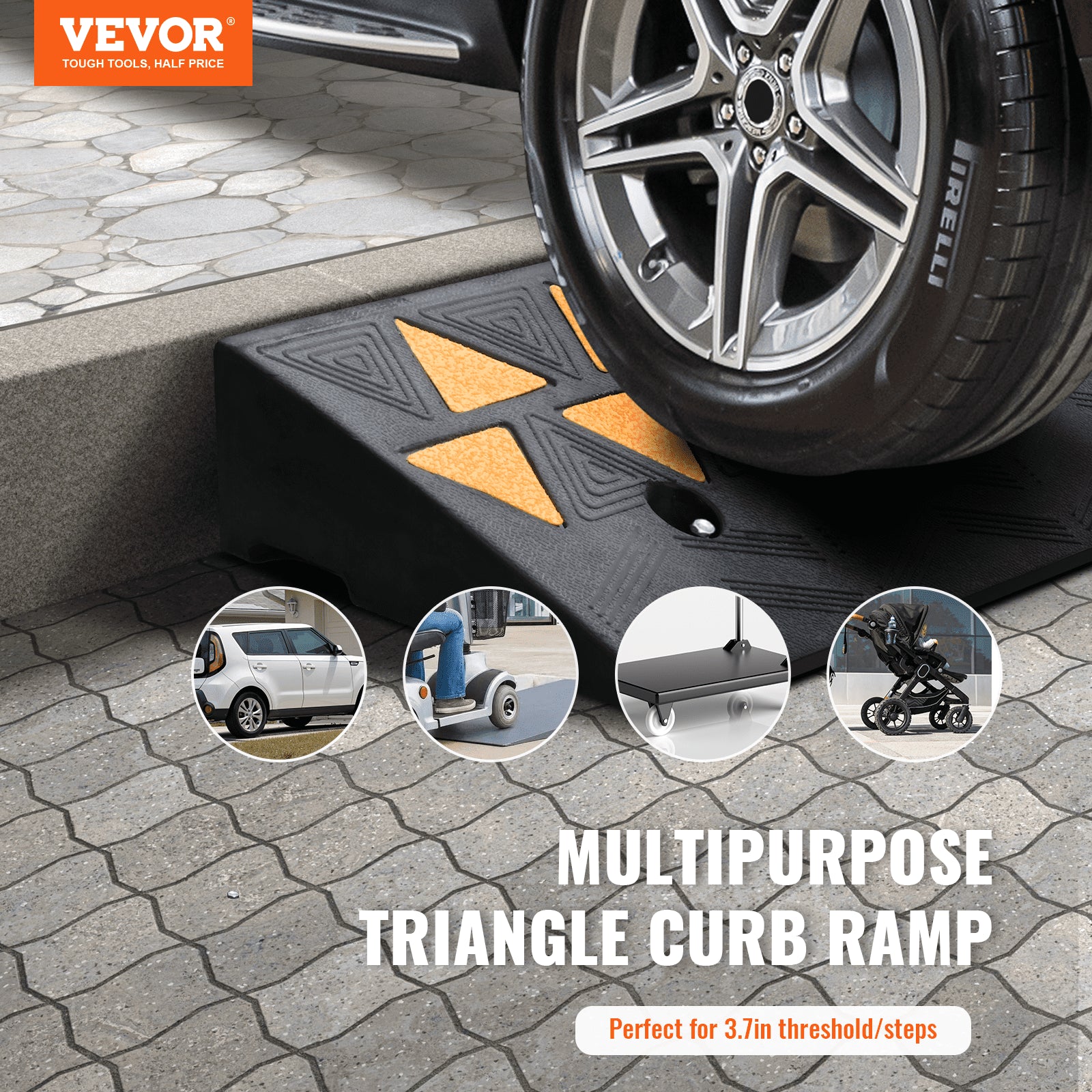 Traffic Control & Parking Tools: VEVOR Rubber Curb Ramp 9.4 cm Rise Height Sidewalk Curb Ramp, 25 cm Width 100 cm Length Driveway Ramp for Curb, 15T Heavy Duty Rubber Ramp for Forklifts, Trucks, Buses, Cars, Wheelchairs, Bikes