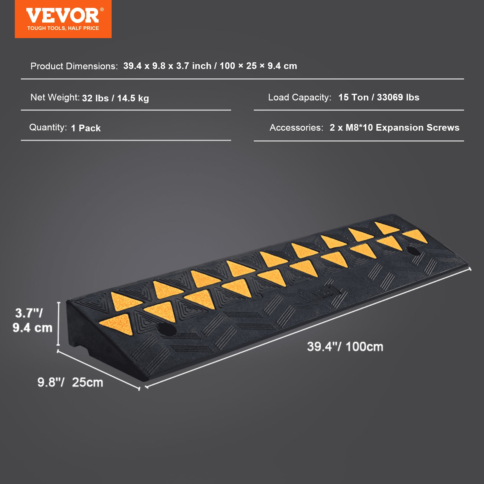 Traffic Control & Parking Tools: VEVOR Rubber Curb Ramp 9.4 cm Rise Height Sidewalk Curb Ramp, 25 cm Width 100 cm Length Driveway Ramp for Curb, 15T Heavy Duty Rubber Ramp for Forklifts, Trucks, Buses, Cars, Wheelchairs, Bikes