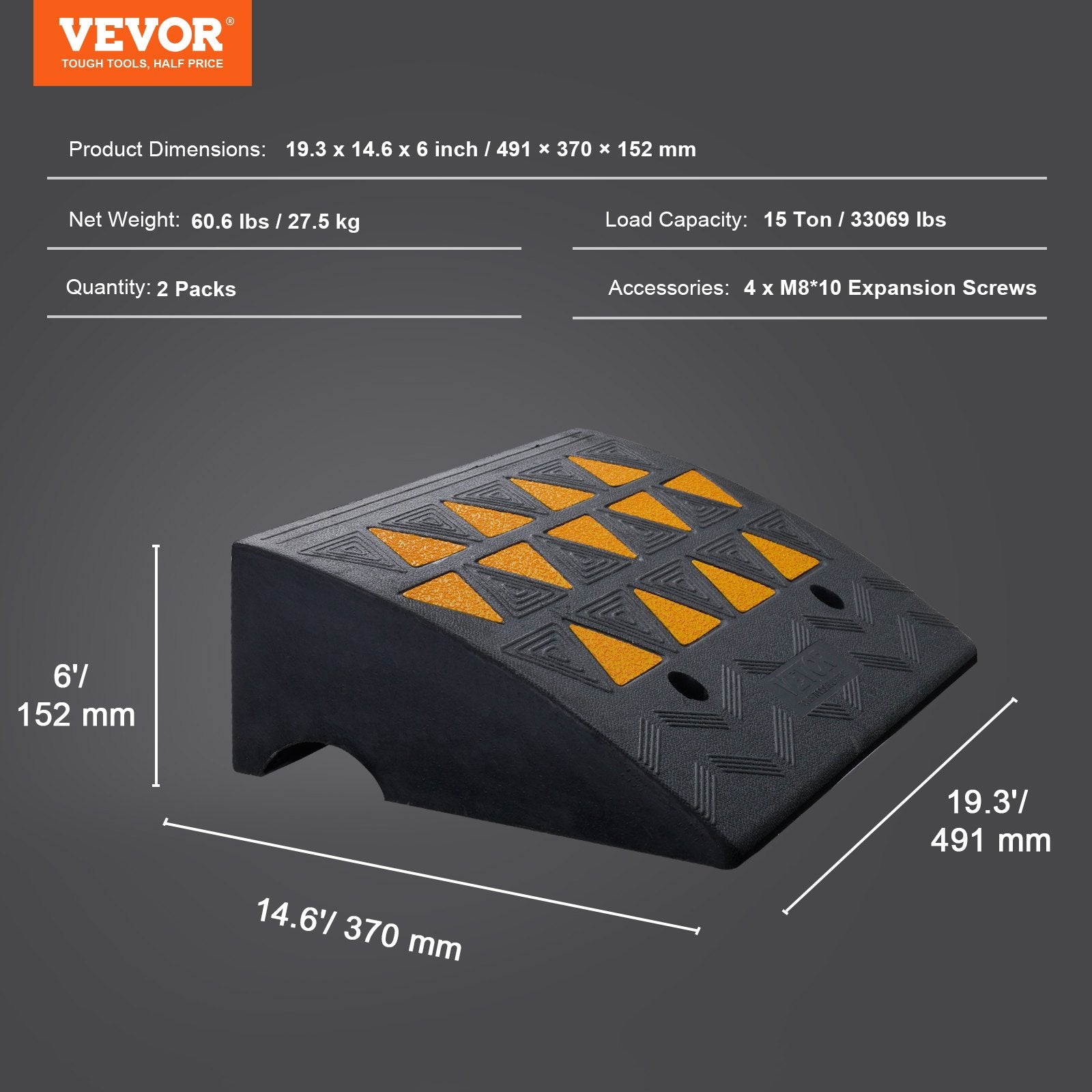 Dog Steps & Ramps: VEVOR Rubber Curb Ramp 2 Pack, 15.2 cm Rise Height Heavy-Duty 15 tons Load Capacity Threshold Ramps, Driveway Ramps with Stable Grid Structure for Cars, Wheelchairs, Bikes, Motorcycles