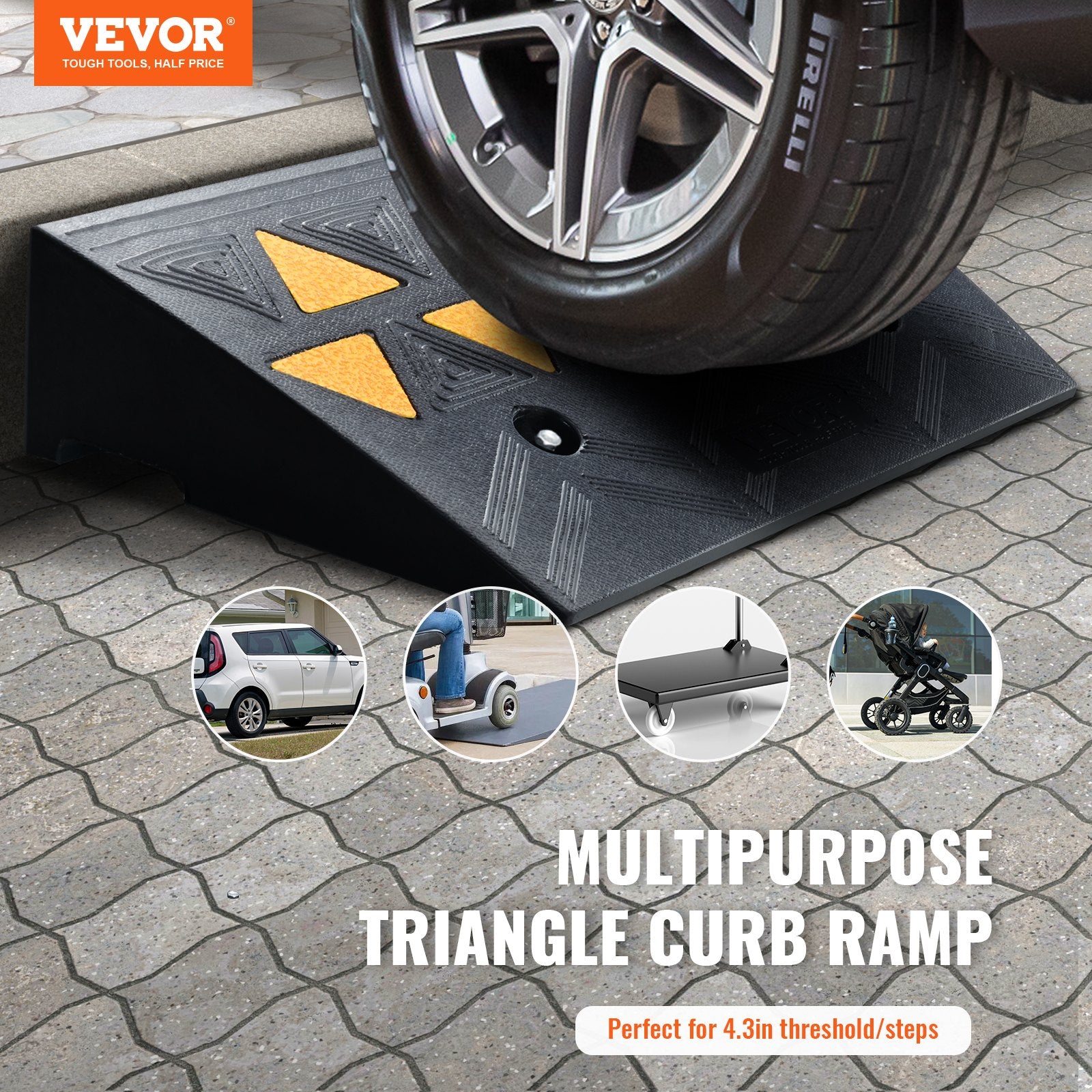 Dog Steps & Ramps: VEVOR Rubber Curb Ramp 2 Pack, 11 cm Rise Height Heavy-Duty 15 tons Load Capacity Threshold Ramps, Driveway Ramps with Stable Grid Structure for Cars, Wheelchairs, Bikes, Motorcycles