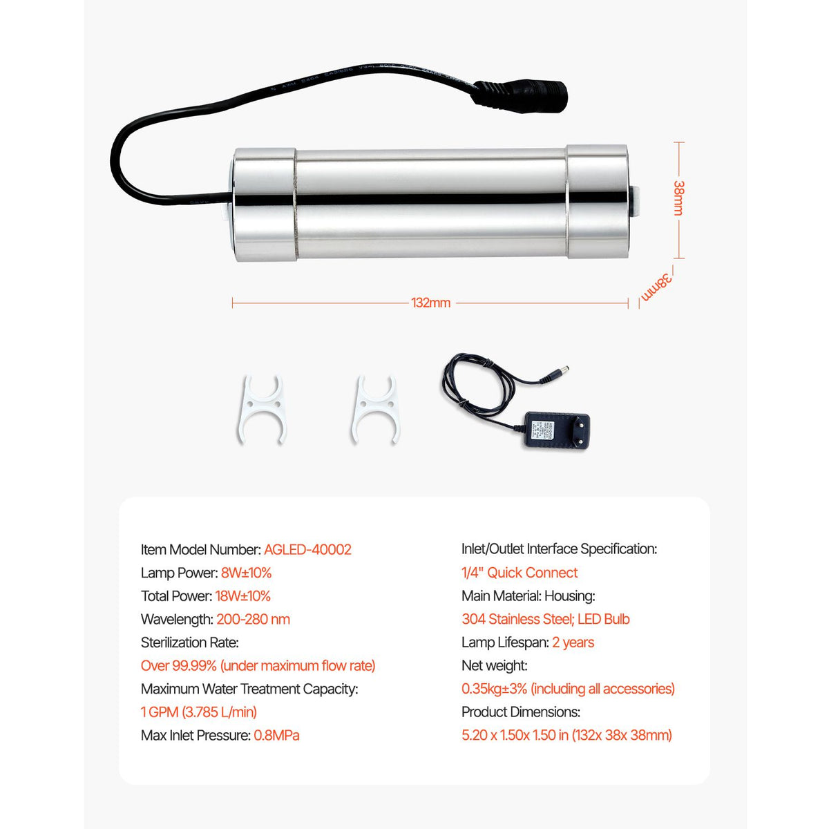 UV Water Purifier, 8W 1GPM, 220V Versatile Ultraviolet Water Purifier Filter with Stainless Steel Housing, Whole House UV Water Filter with Quartz Sleeve Fit for Shower/Drinking/Cleaning