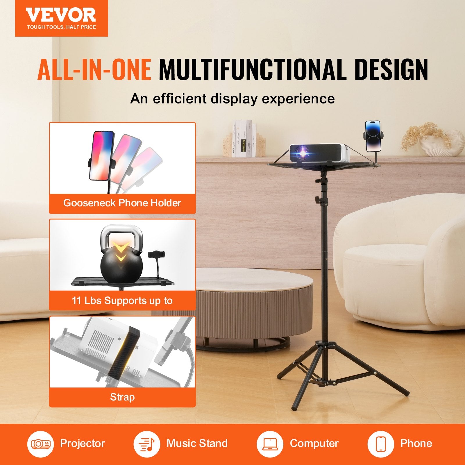 Camera Accessories: VEVOR Projector Stand Laptop Stand Tripod Adjustable Height from 26.97 to 63 in