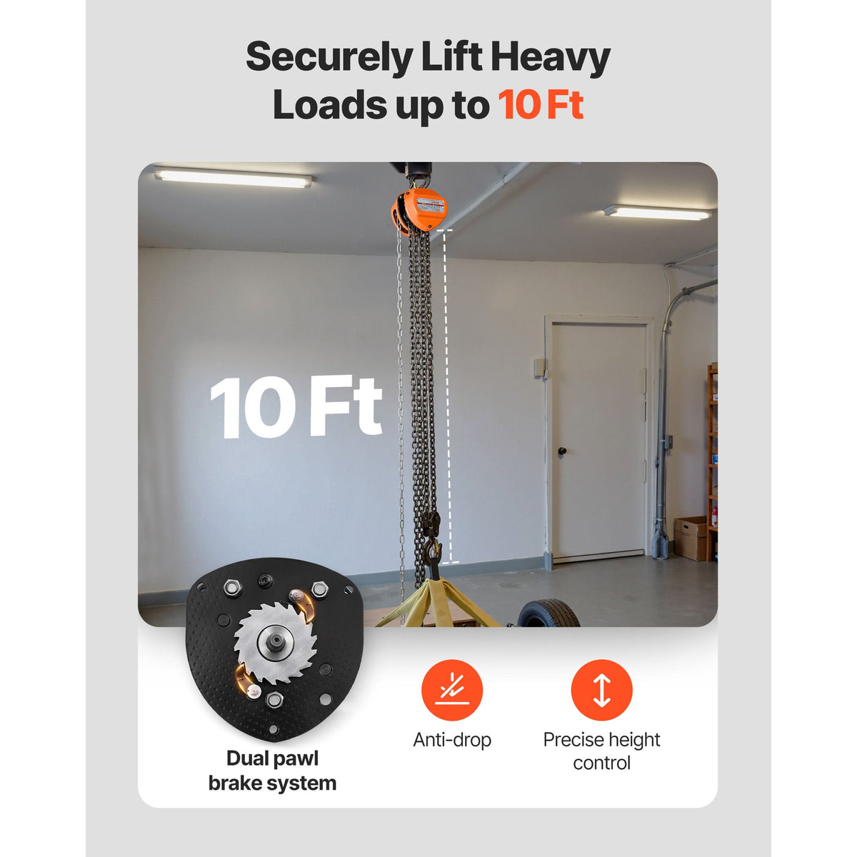 Hand Chain Hoist, 3 Ton Capacity, Manual Chain Block with Upgrade G80 Galvanized Chain, 3 m Lifting Height, Heavy Duty Pulley Hoist for Garage Warehouse Automotive Machinery, Orange