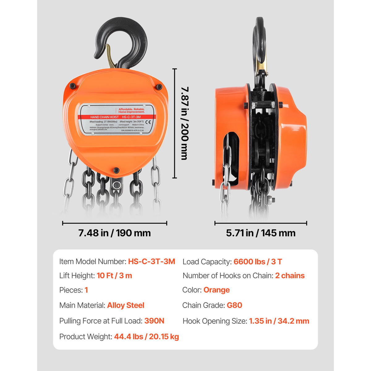 Hand Chain Hoist, 3 Ton Capacity, Manual Chain Block with Upgrade G80 Galvanized Chain, 3 m Lifting Height, Heavy Duty Pulley Hoist for Garage Warehouse Automotive Machinery, Orange