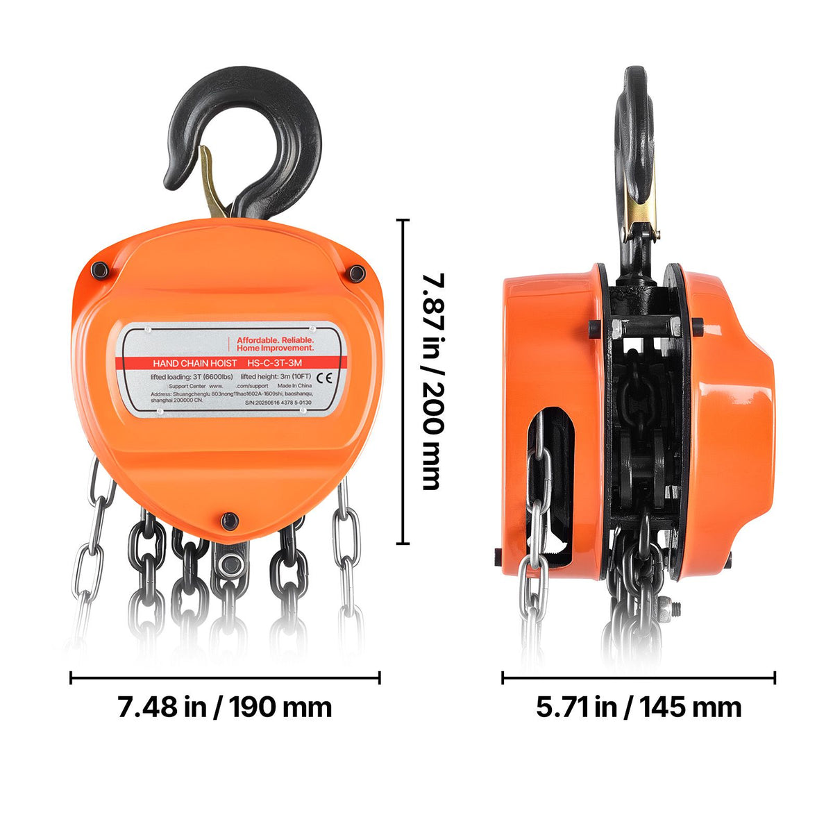 Hand Chain Hoist, 3 Ton Capacity, Manual Chain Block with Upgrade G80 Galvanized Chain, 3 m Lifting Height, Heavy Duty Pulley Hoist for Garage Warehouse Automotive Machinery, Orange