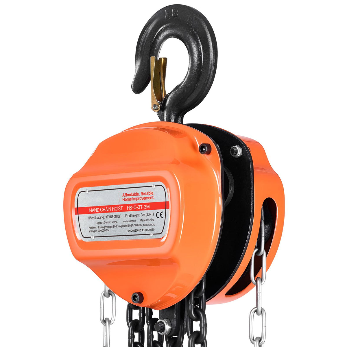 Hand Chain Hoist, 3 Ton Capacity, Manual Chain Block with Upgrade G80 Galvanized Chain, 3 m Lifting Height, Heavy Duty Pulley Hoist for Garage Warehouse Automotive Machinery, Orange