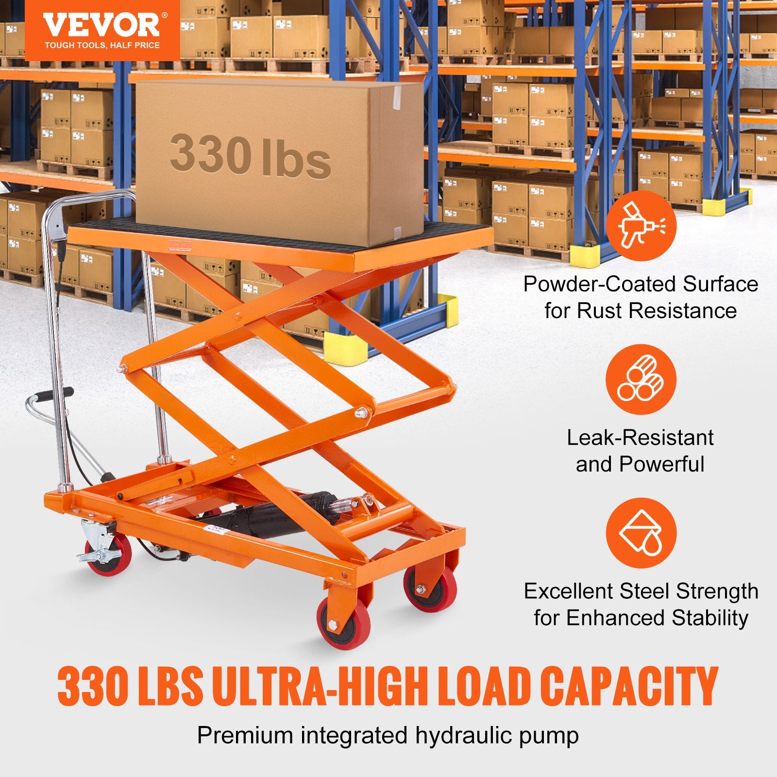 Mobility & Accessibility: VEVOR Hydraulic Lift Table Cart, 330lbs Capacity 50" Lifting Height, Manual Double Scissor Lift Table with 4 Wheels and Non-slip Pad, Hydraulic Scissor Cart for Material Handling and Transportation