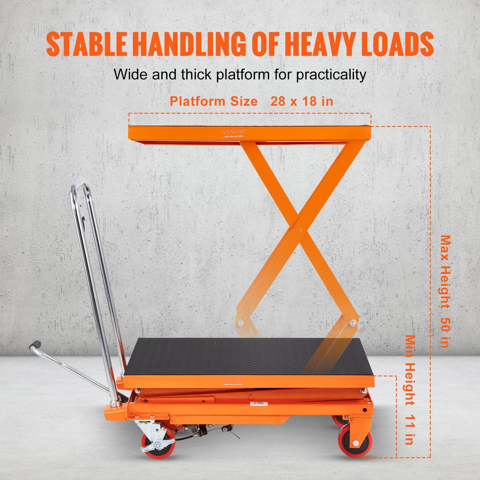 Mobility & Accessibility: VEVOR Hydraulic Lift Table Cart, 330lbs Capacity 50" Lifting Height, Manual Double Scissor Lift Table with 4 Wheels and Non-slip Pad, Hydraulic Scissor Cart for Material Handling and Transportation