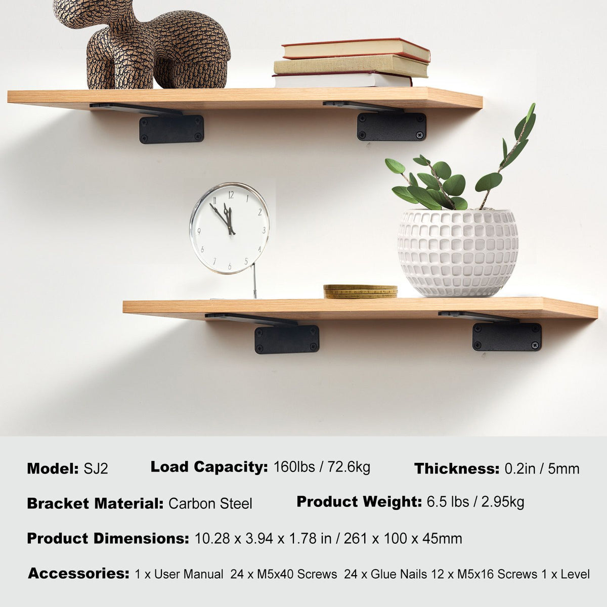 Shelf Bracket, 26.1cmL x 10cmW x 4.5cmH, 6 Pcs Heavy Duty Floating Shelf Brackets, Brackets for Shelves, 5mm Thick Matte Black L Shelf Bracket,Steel Shelving Brackets with 72.6 kg Load Capacity