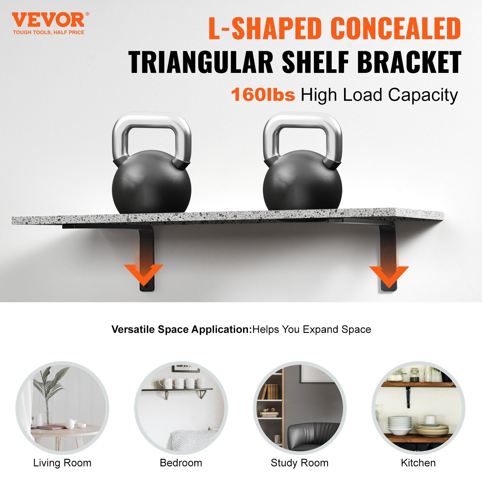 Shower Accessories: VEVOR Shelf Bracket, 41 x 15.5 cm 4 Pcs, Heavy Duty Floating Shelf Brackets, Brackets for Shelves, 10mm Thick Matte Black L Shelf Bracket,Steel Shelving Brackets with 72.6 kg Load Capacity