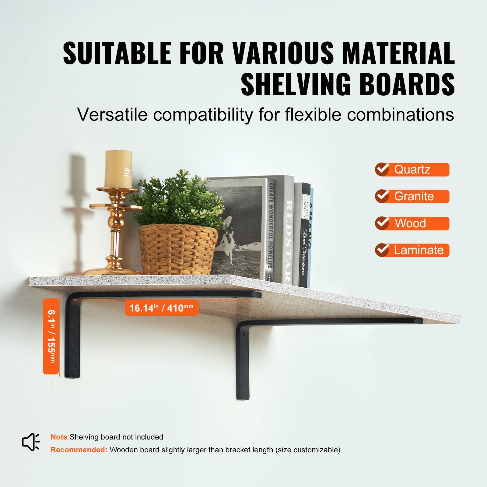 Shower Accessories: VEVOR Shelf Bracket, 41 x 15.5 cm 4 Pcs, Heavy Duty Floating Shelf Brackets, Brackets for Shelves, 10mm Thick Matte Black L Shelf Bracket,Steel Shelving Brackets with 72.6 kg Load Capacity