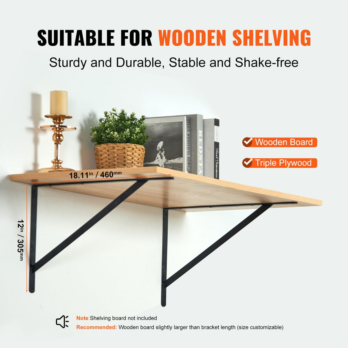 Shelf Bracket, 46 x 30.5 cm 12 Pcs, Heavy Duty Floating Shelf Brackets, Brackets for Shelves, 3mm Thick Matte Black Triangle Shelf Bracket,Steel Shelving Brackets with 72.6 kg Load Capacity