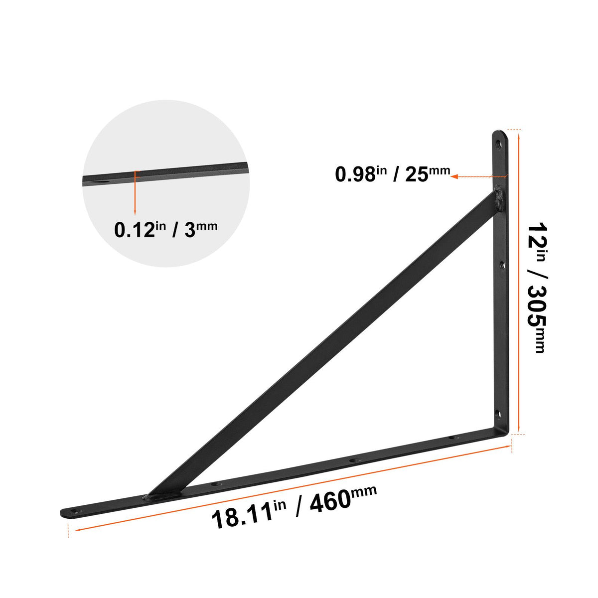 Shelf Bracket, 46 x 30.5 cm 12 Pcs, Heavy Duty Floating Shelf Brackets, Brackets for Shelves, 3mm Thick Matte Black Triangle Shelf Bracket,Steel Shelving Brackets with 72.6 kg Load Capacity